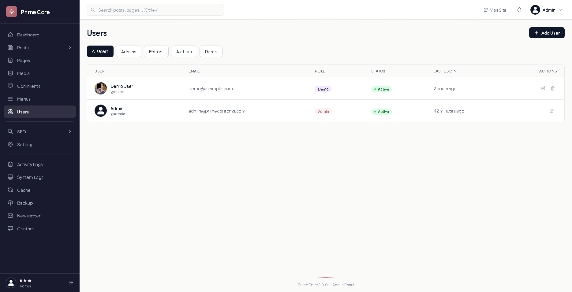 Prime Core Admin Dashboard